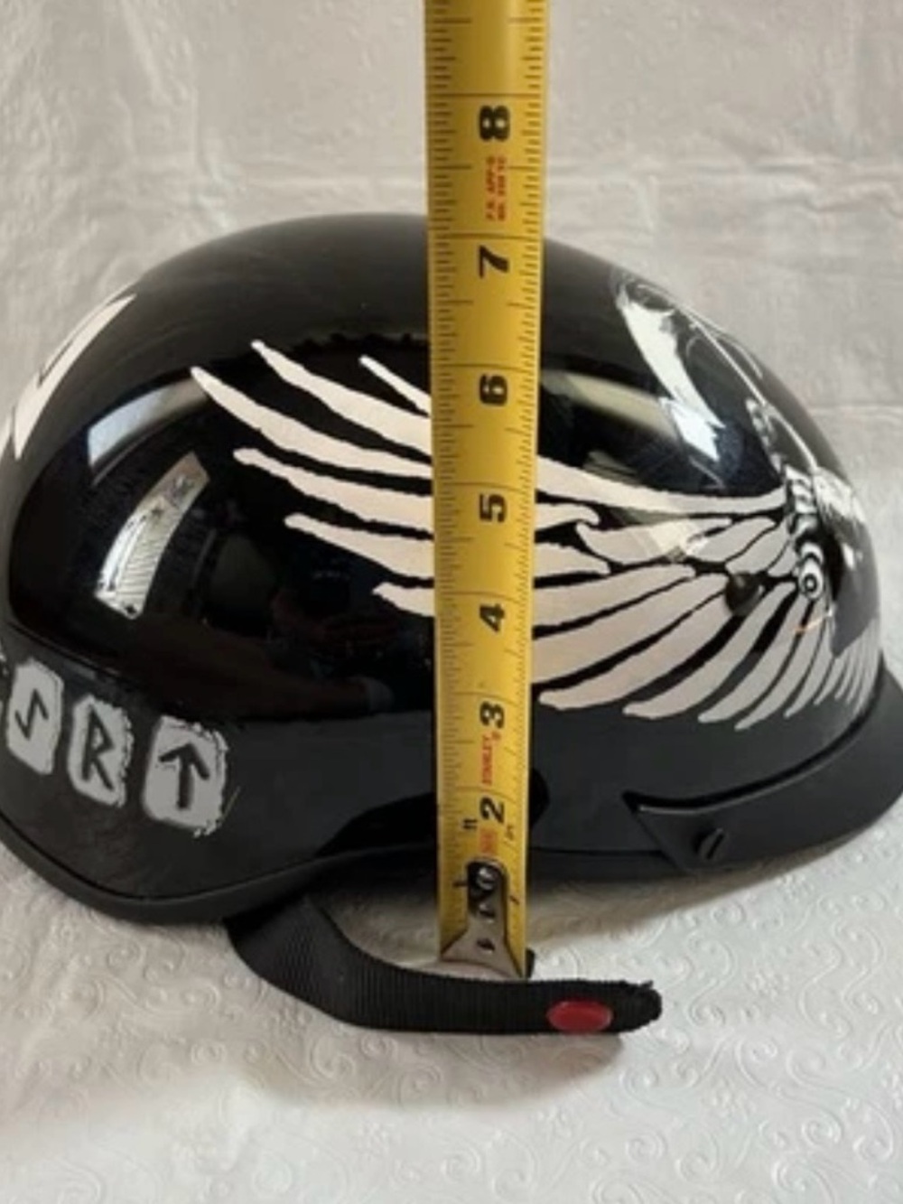 Black Motorcycle Half Helmet with White Grim Reaper Wing Graphic - Picture 9 of 9